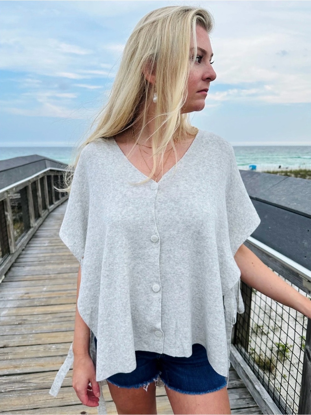 Mystree Light Gray Button-Front Cape